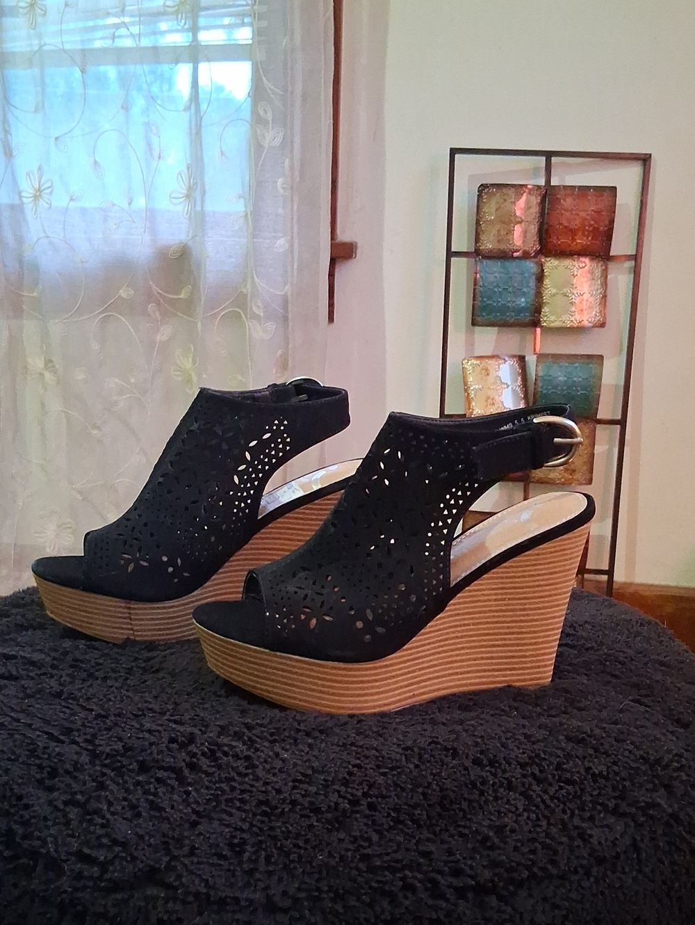 Report Black Laser-Cut Peep Toe Wood Wedge Heel Sandals